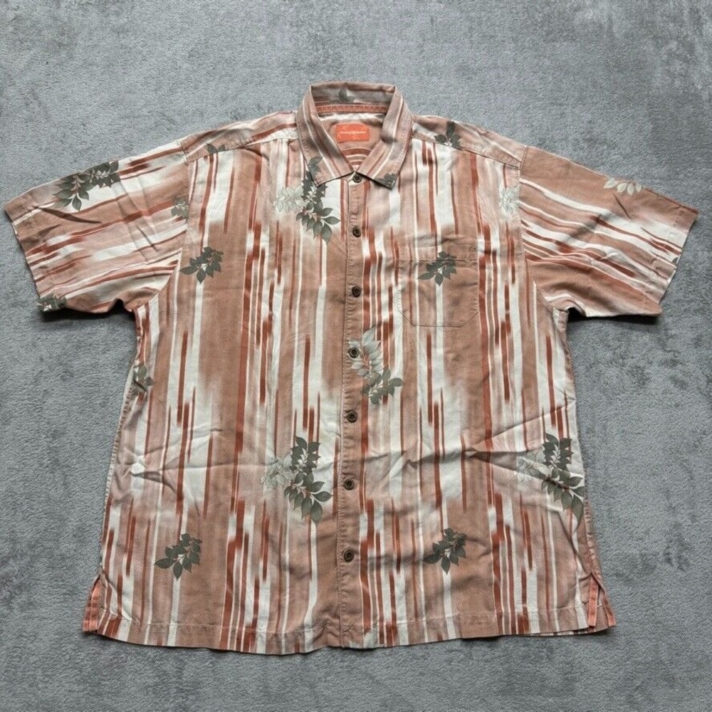 Tommy Bahama Floral Silk Hawaiian‎ Button Shirt Mens XL Brown Brush Short Sleeve